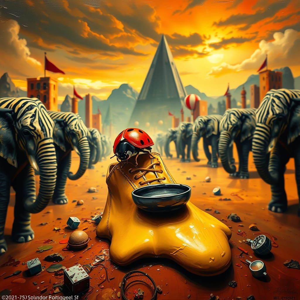 Surrealist Dreamscape with Ladybug and Melting Shoe