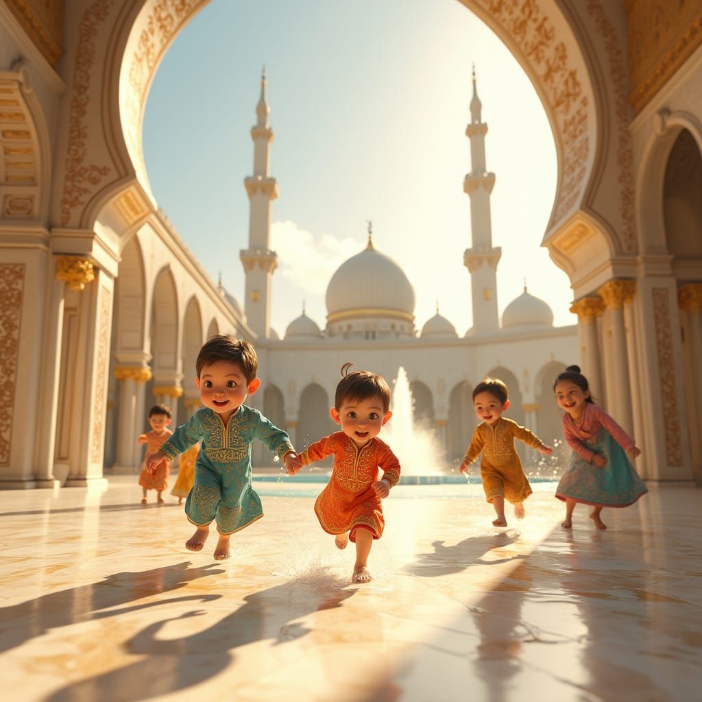 Children's Joyful Play in a Grand Mosque Courtyard