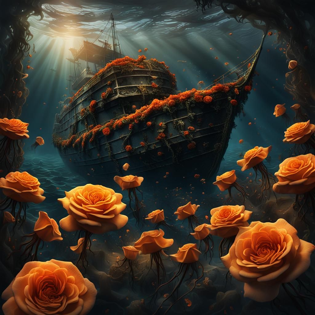 Sunken Ship with Floating Orange Roses