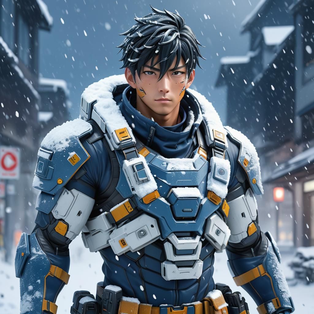Scifi Soldier Anime Boy in a snow storm...