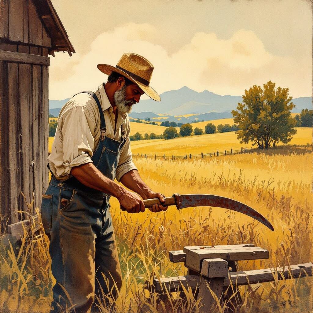 Rural Scene: Farmer Sharpening Scythe, Wyeth Style