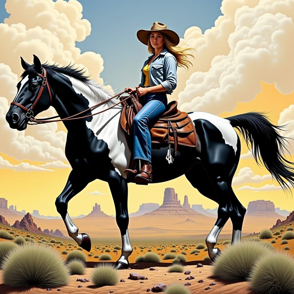 Cowgirl Rides Pinto Horse in Comic Book Style