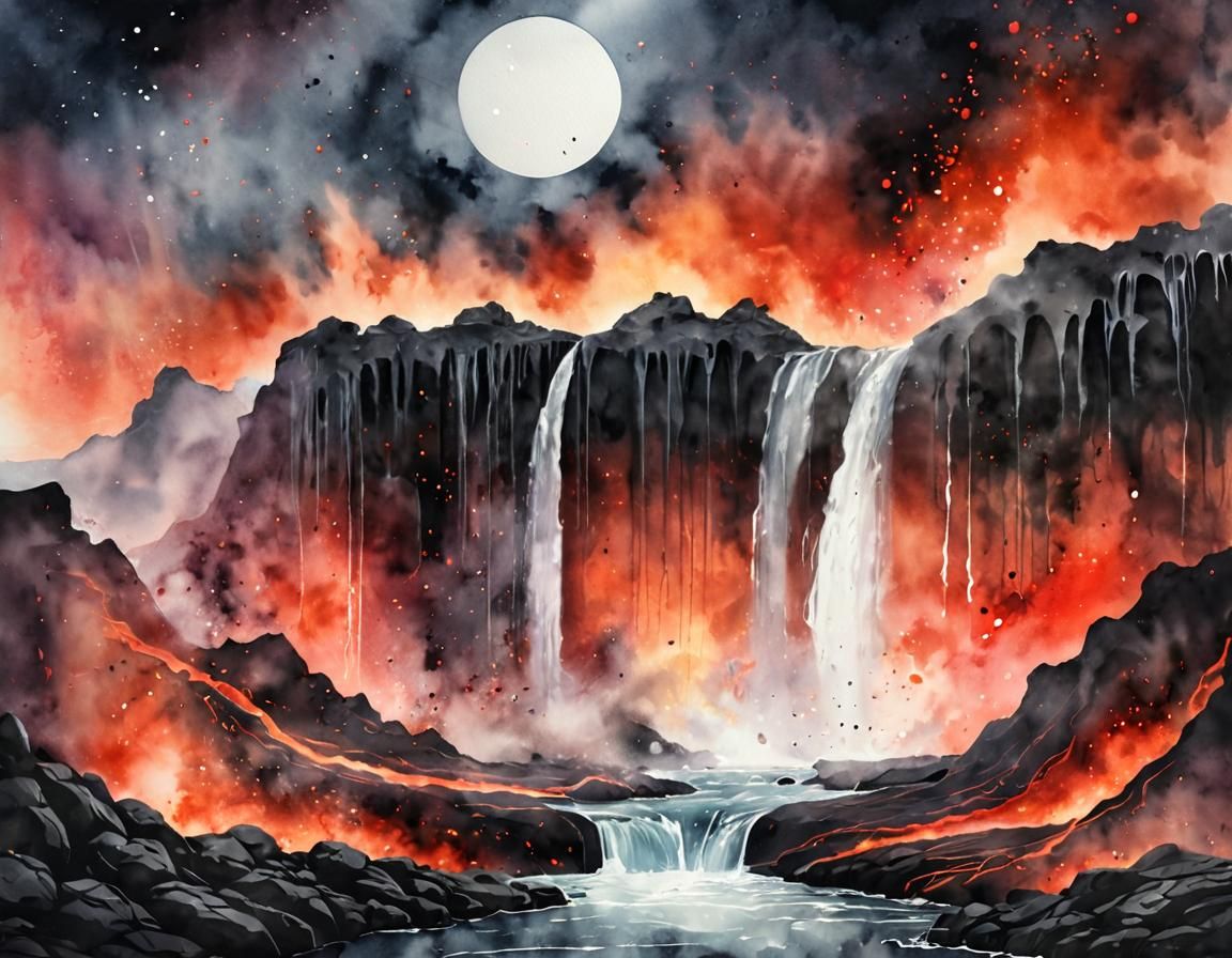 Surreal Lava Waterfall Under Nebula Sky Watercolour