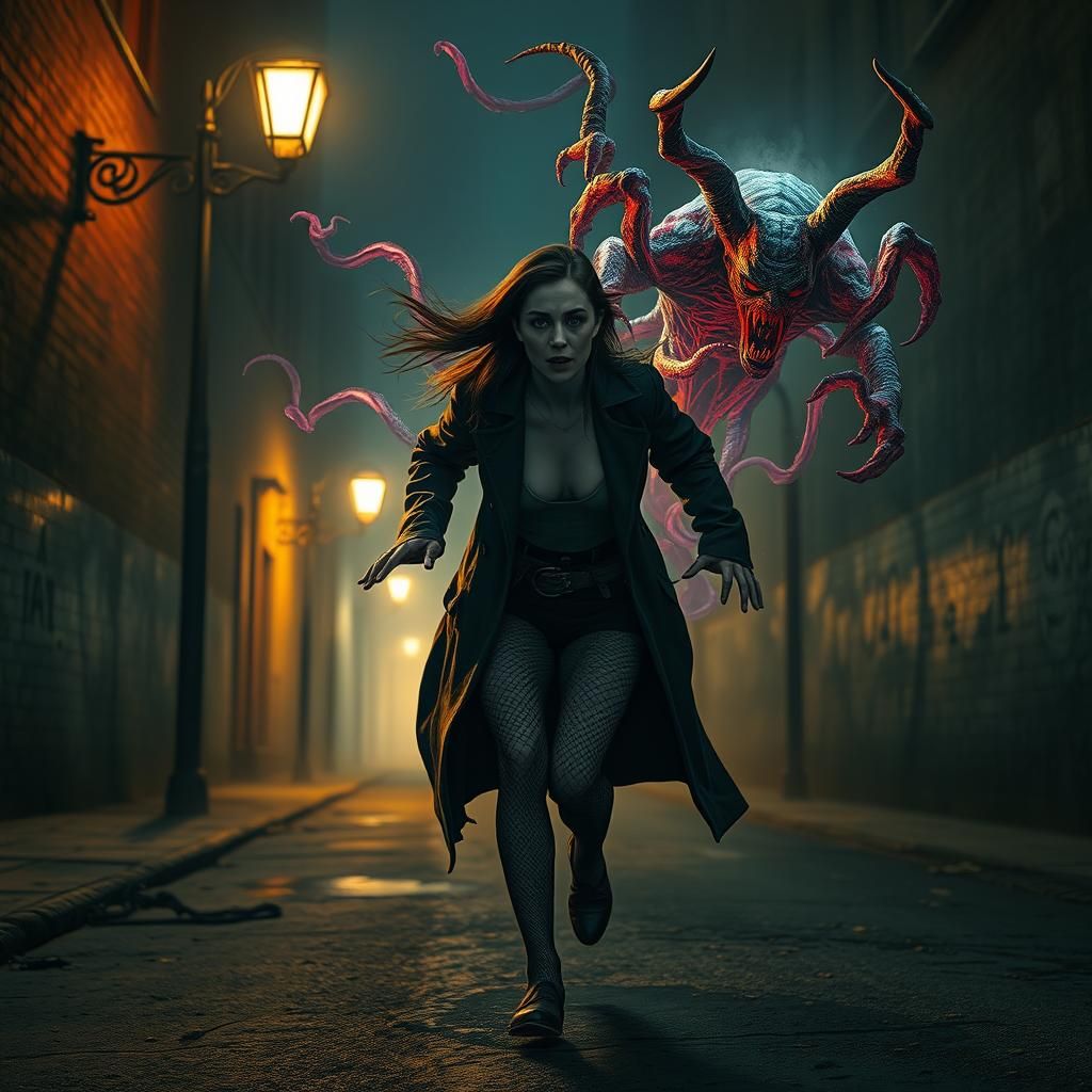 Woman Fleeing Demonic Ghost in Surreal Street