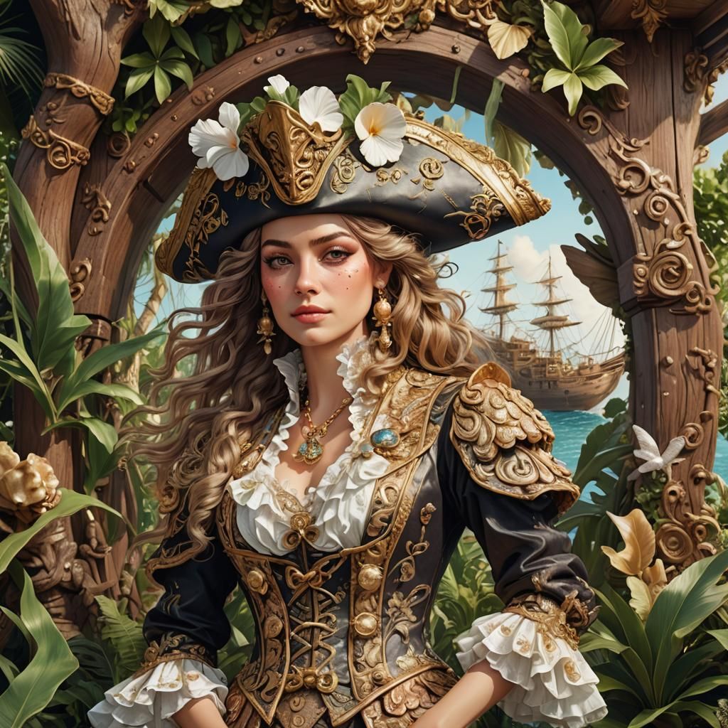 Rococo Pirate Captain in Tropical Setting, Anime-Inspired