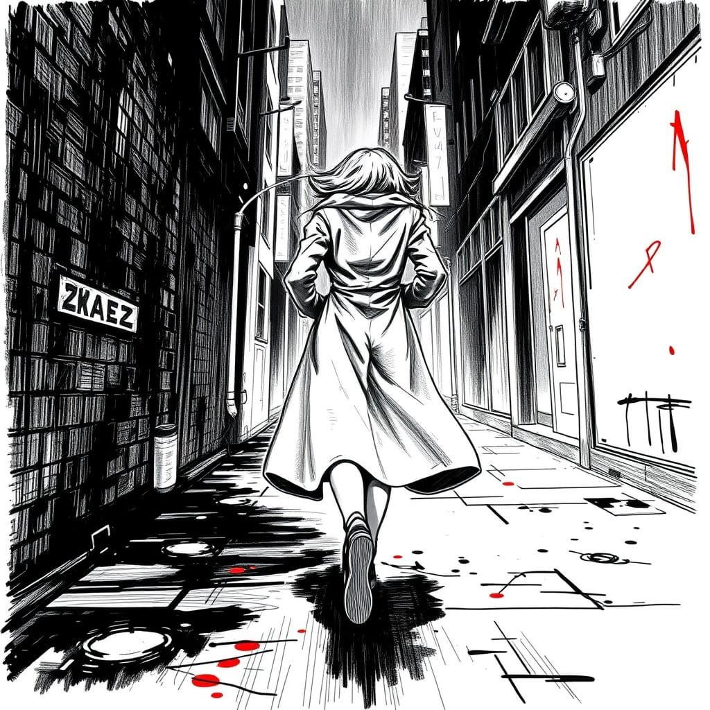 Woman Running in Moody City Alley in Sketchy Black & White