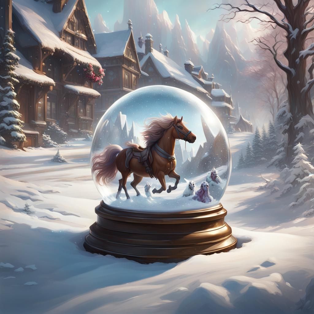 Ponies Pulling Siege in Snow Globe, Detailed Digital Art