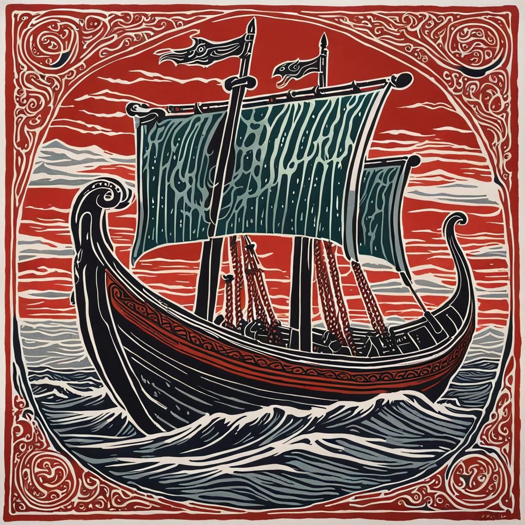 Viking Longship Linocut with Dragon Prow