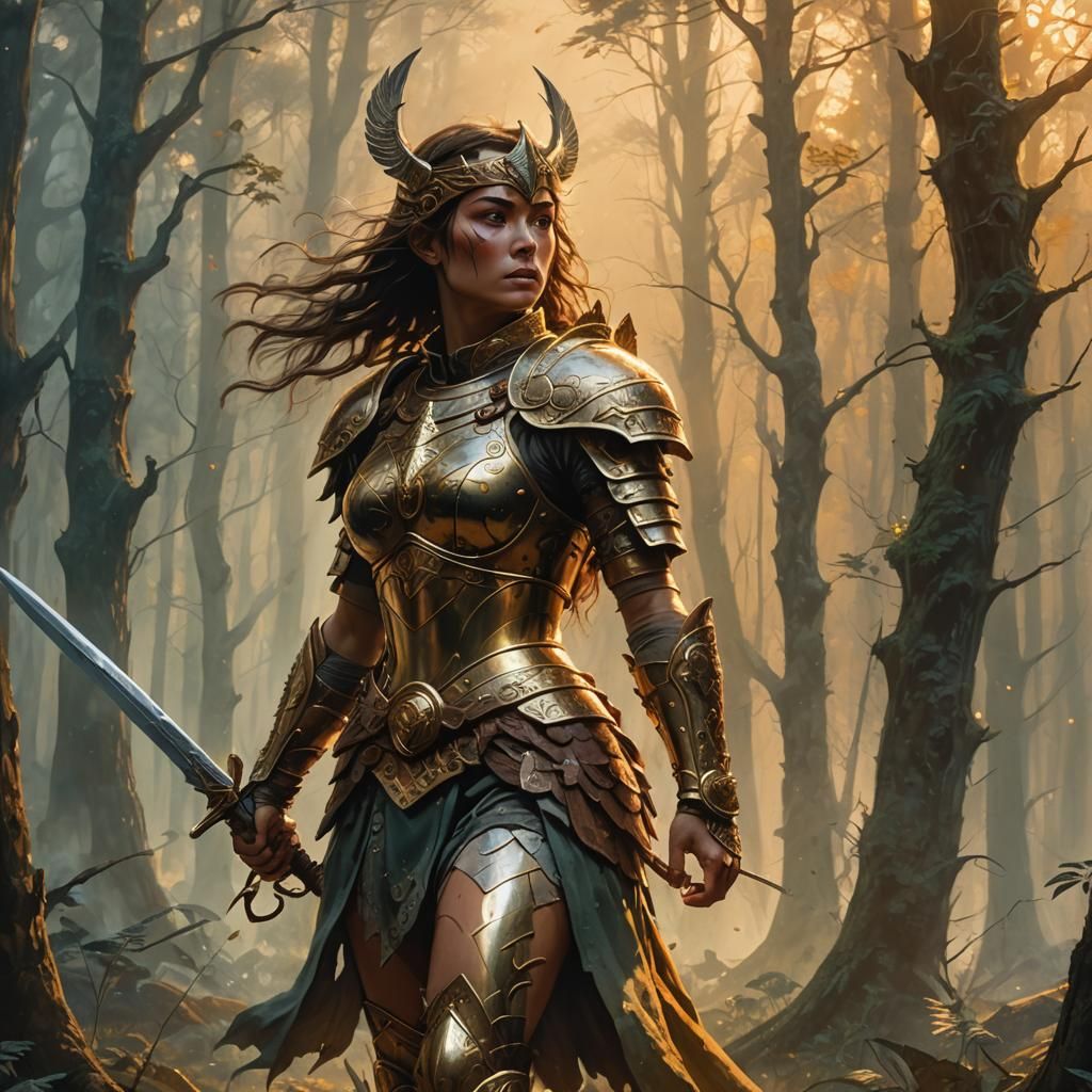 Victorious Female Warrior in Misty Forest, Fantasy Art