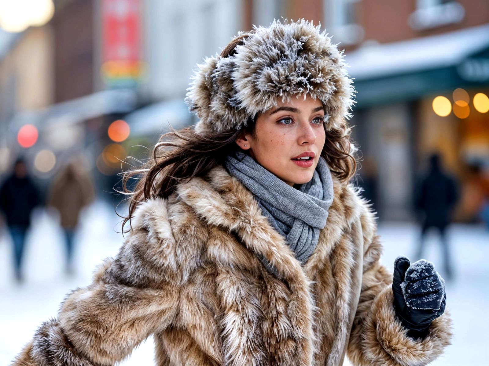 Woman in Fur Coat in Frosty Winter Scene