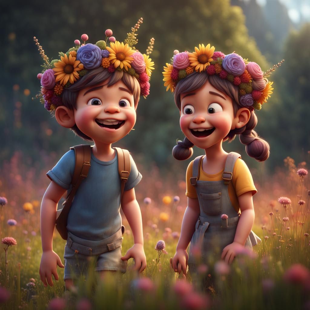 Pixar-Style Children Laughing in a Sunny Meadow