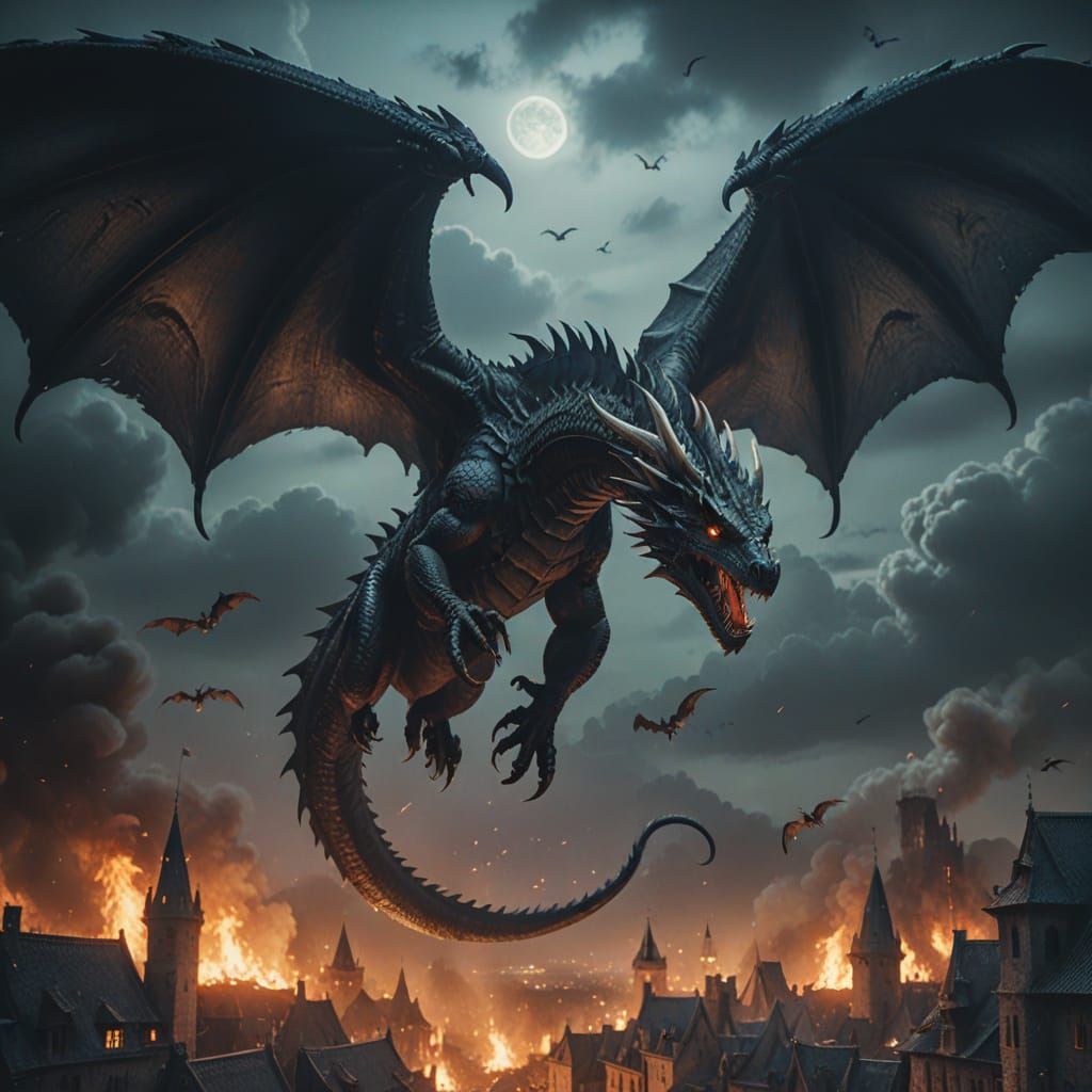 Dragon-Wyvern Over Burning City: Hyperrealistic Concept Art