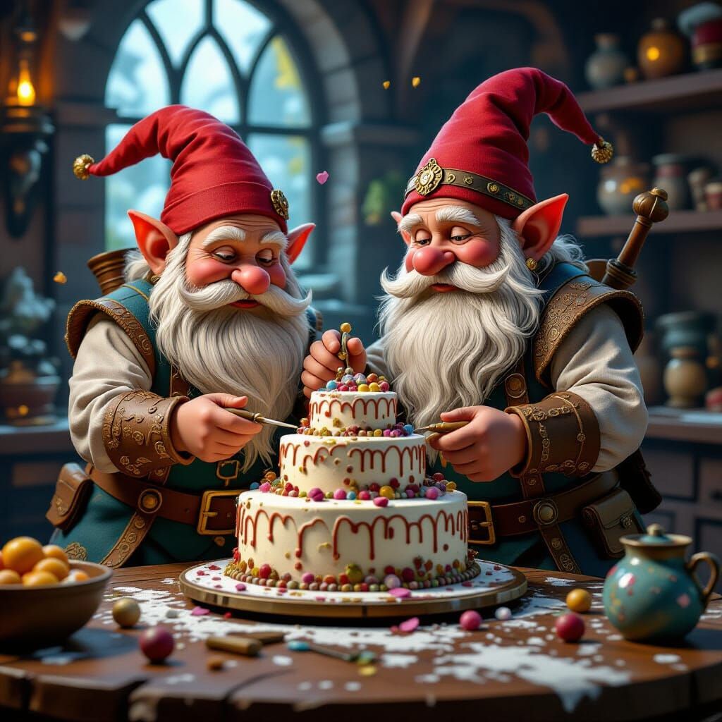 Dwarves Crafting Whimsical Cake in Detailed Fantasy Style
