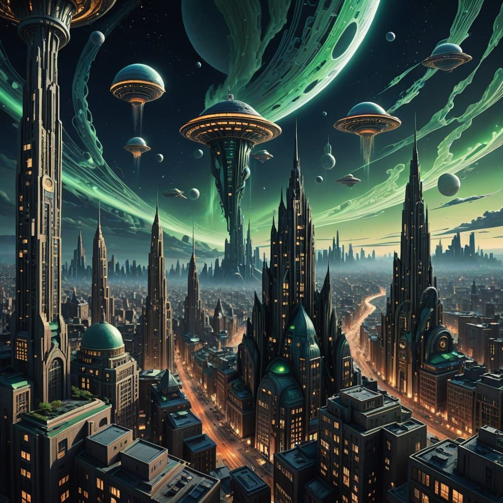 Gravity-Defying Cityscape with Dual Moons and Auroras