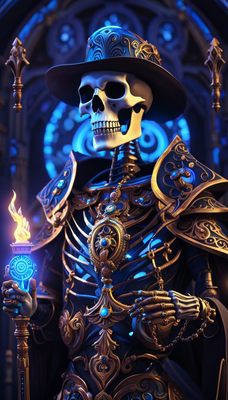 Skeleton Arcanist in a Swirling Arcane Scene