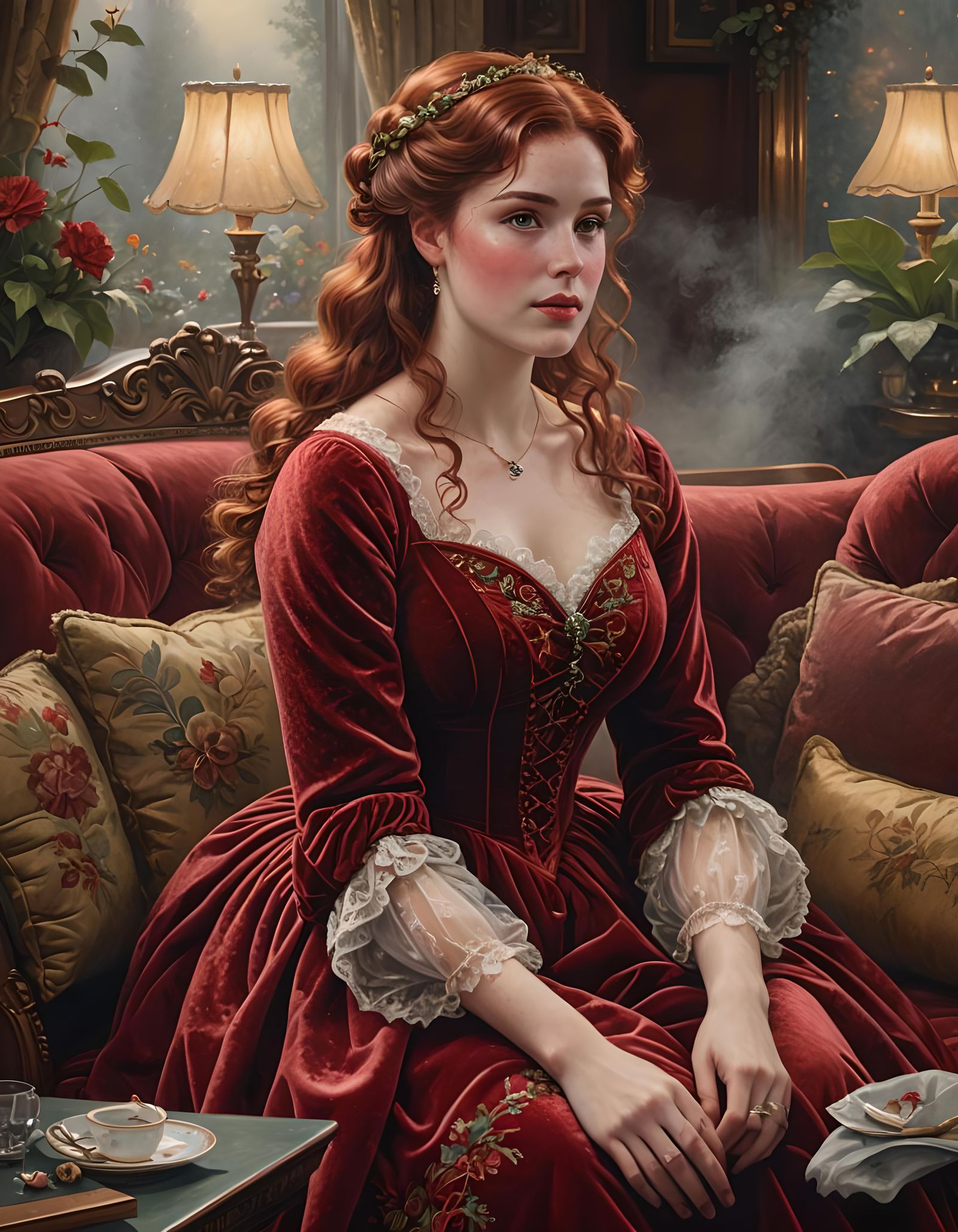 Very Beautiful playful curvy young Victorian woman with  auburn hair and freckles in a red velvet dress, sitting on a co...