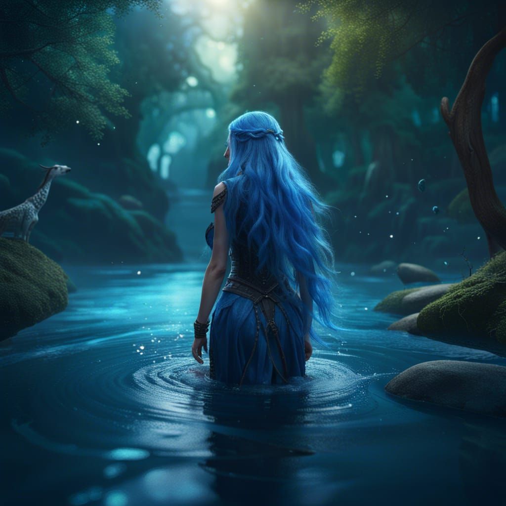 Woman with Blue Hair in Sparkling River: Fantasy Art