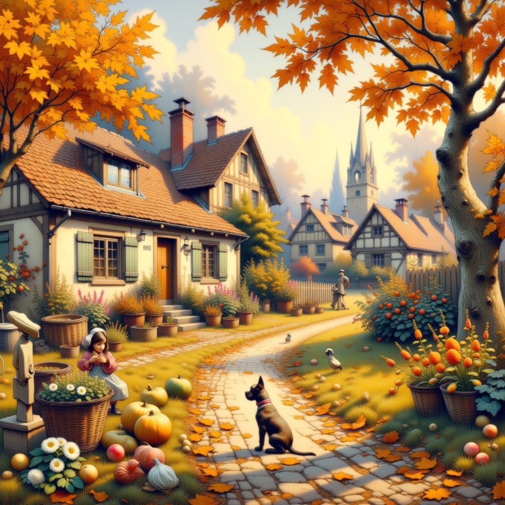 Expressive Autumn Village Scene in Winslow Homer Style