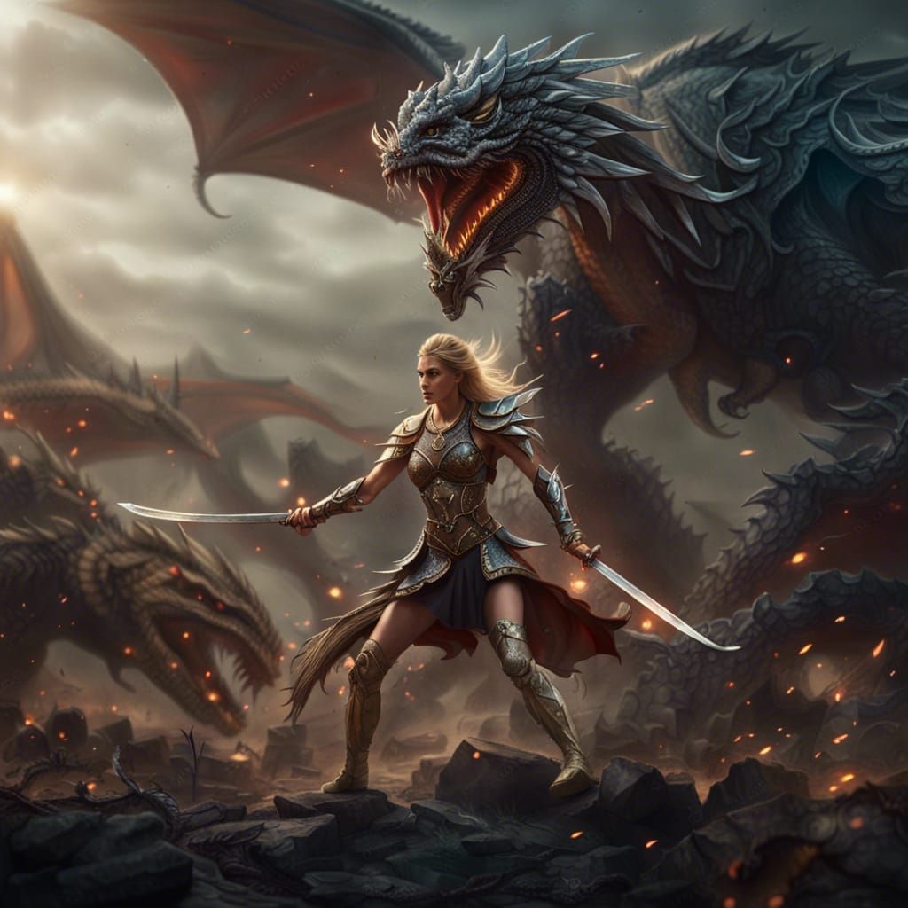 Epic Warrior Princess Fighting Dragons: Digital Matte Painti...