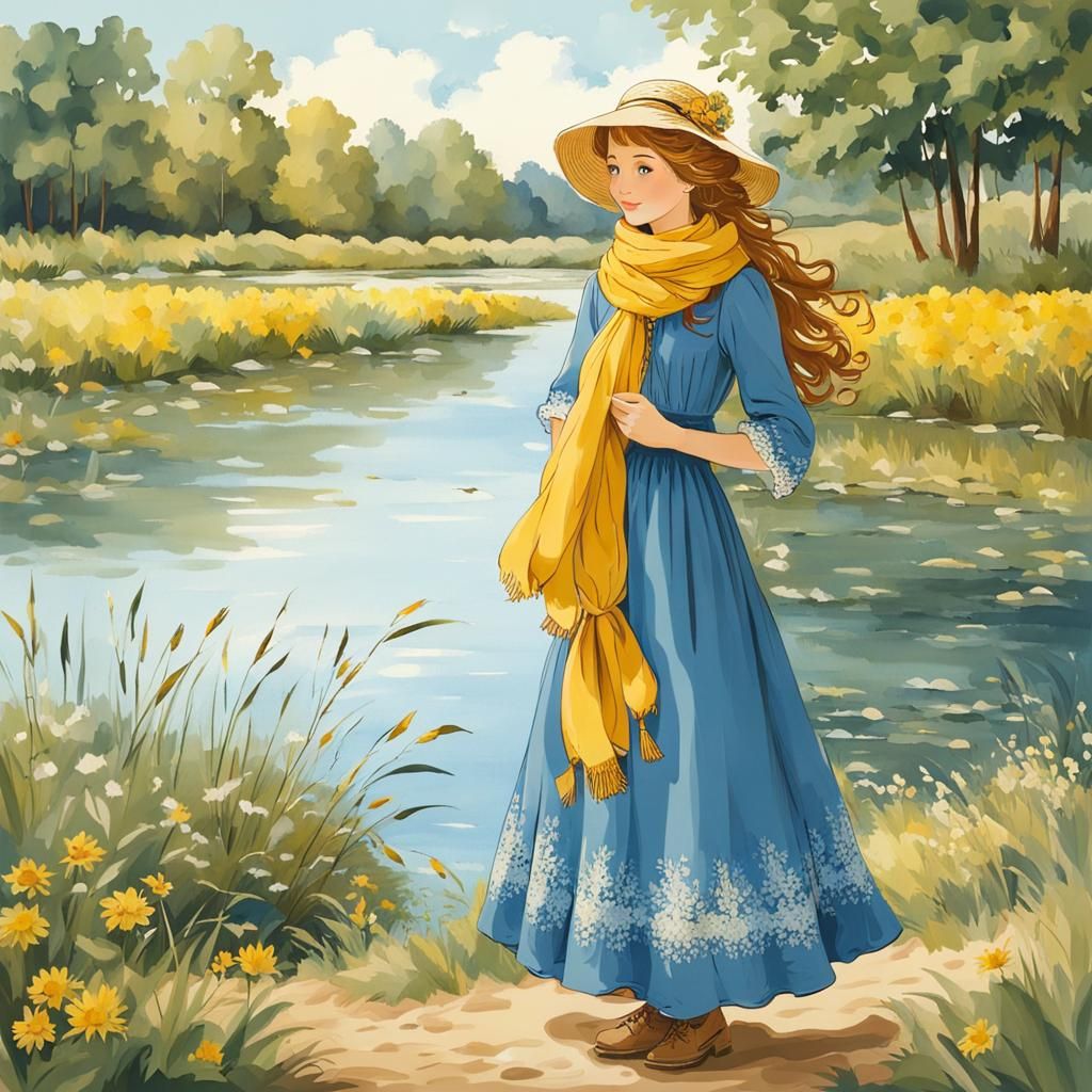 Woman in Blue Dress at Riverbank, Naive Art