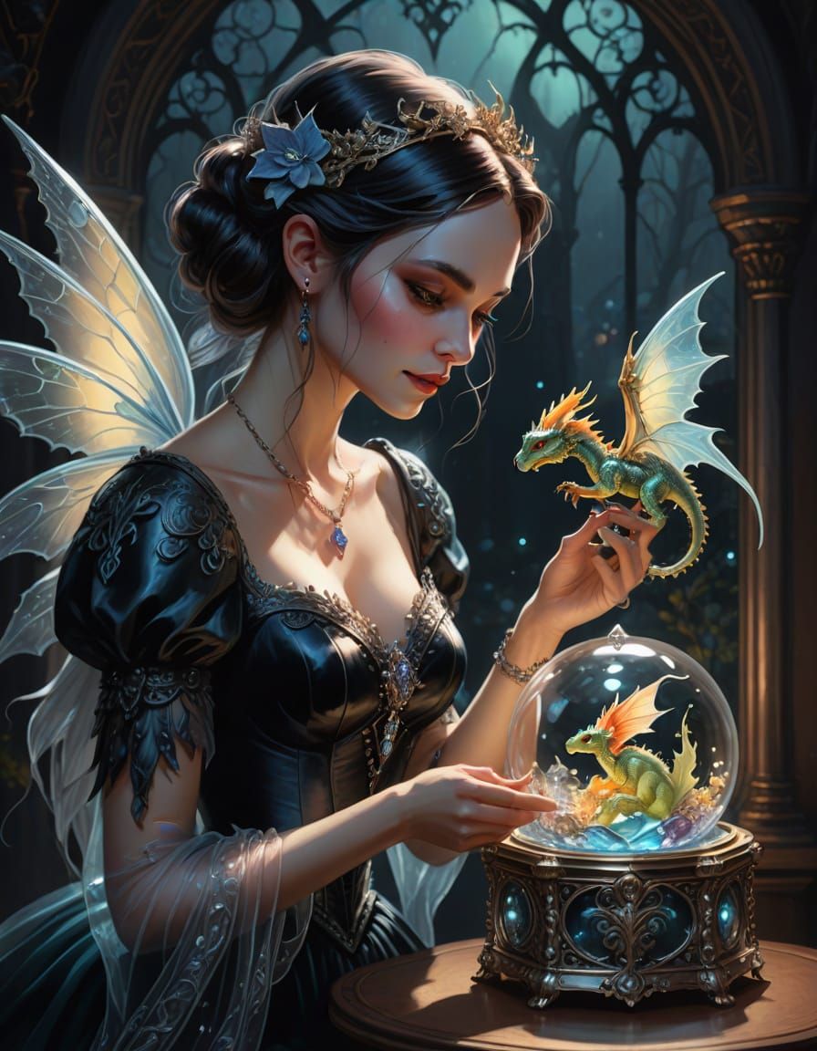Gothic Fairy Holding Baby Dragon in Jewelry Box