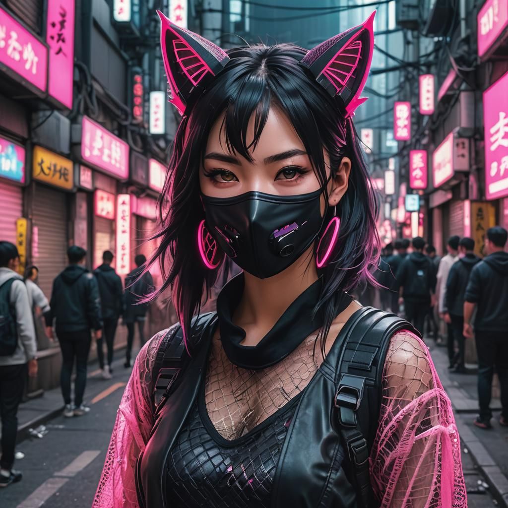 Cyberpunk Woman with Cat Ears in Tokyo Alley