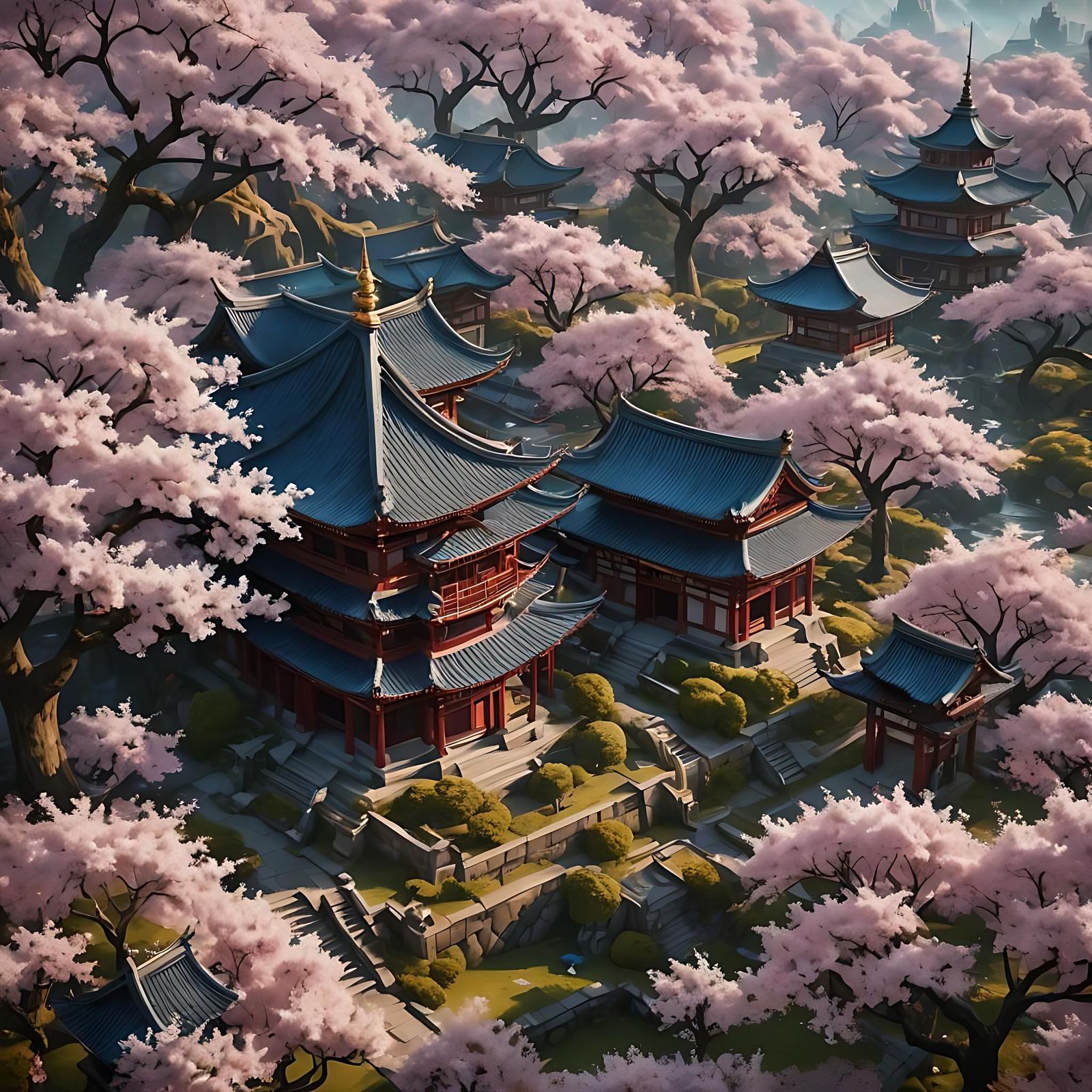 Cherry Trees Surround Temple: Detailed Matte Painting