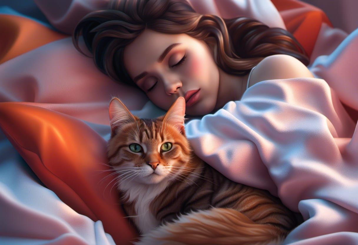 Peaceful Girl and Cat Sleeping with Volumetric Lighting
