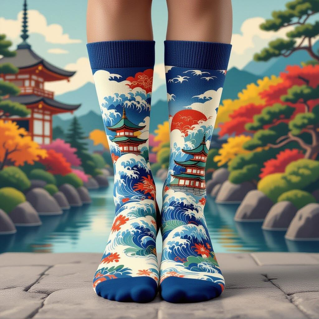 Japanese Garden Themed Socks: Vibrant Ukiyo-e Design