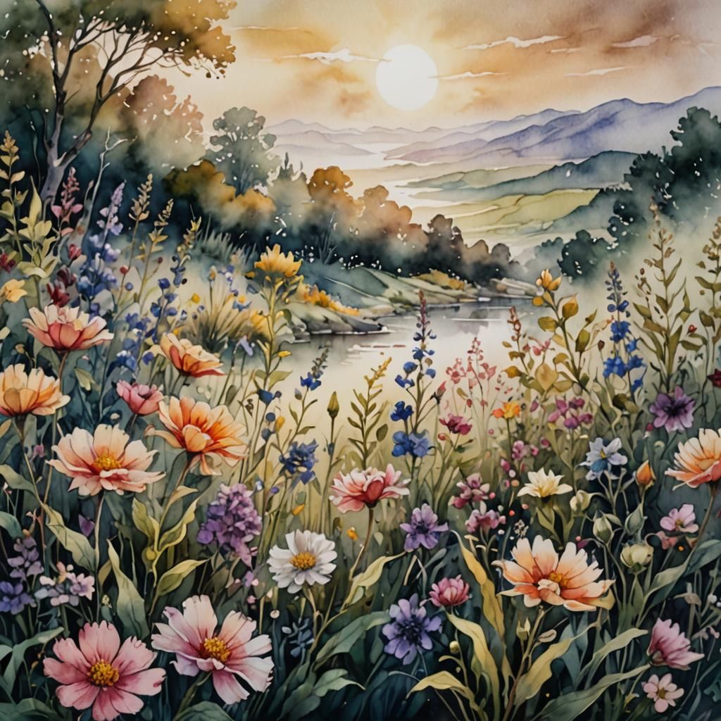 Mystical Morning Scene with Flowers in Watercolor Style