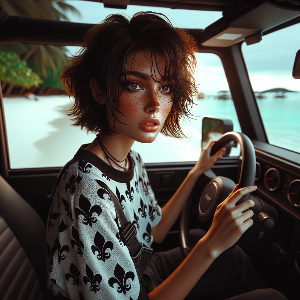 Serene Tropical Beach Scene with Punk-Inspired Young Woman