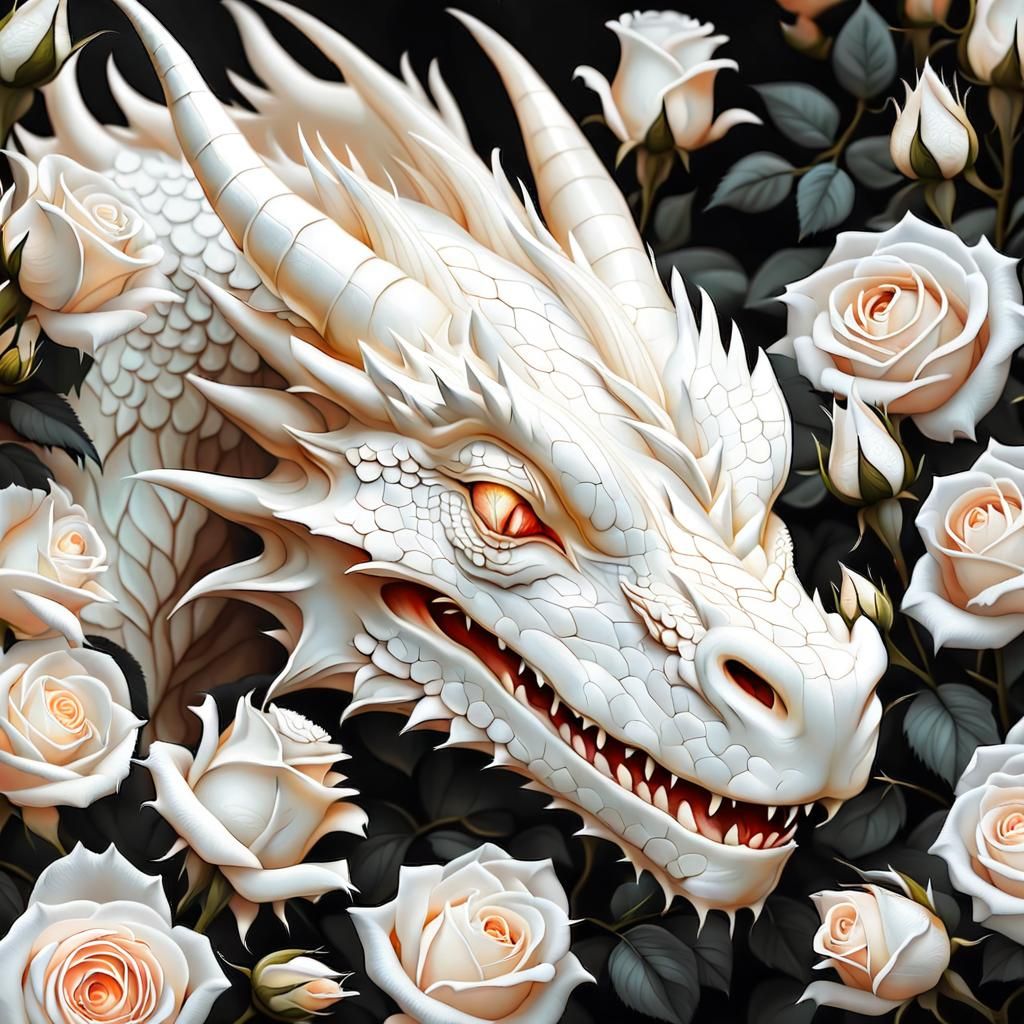 Albino Dragon Sleeping Among White Roses
