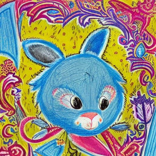 Whimsical Cartoon Rabbit in Colorful Crayon Doodles