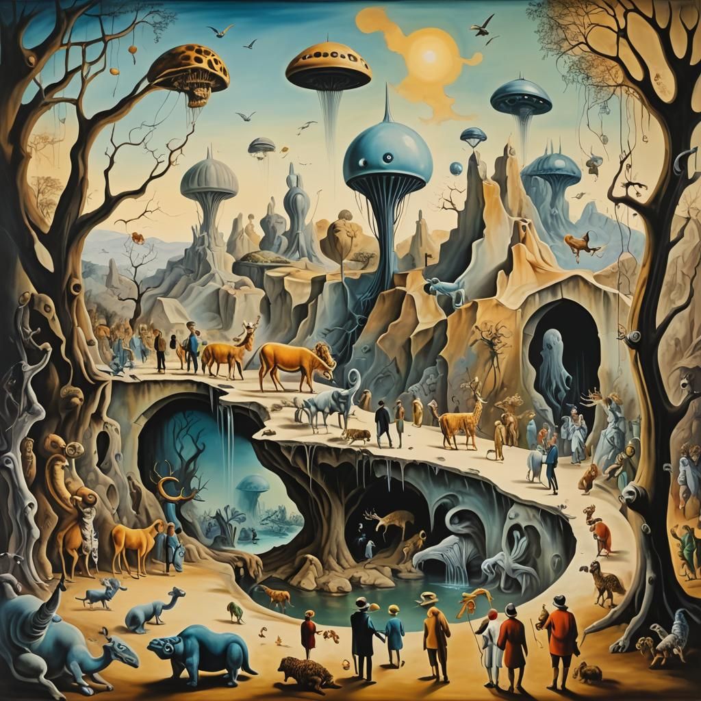 Alien, human, and animal intermingling in a zoo