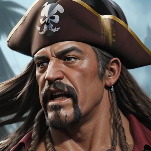 Hulk Hogan in Pirates of Caribbean, Hyperrealistic, splash art, concept art, mid shot, intricately detailed, color depth...