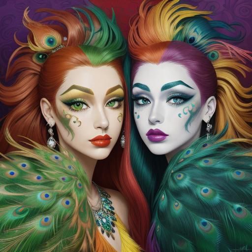 Fauvist Portrait: Women with Peacock Feathers and Dragon Sca...