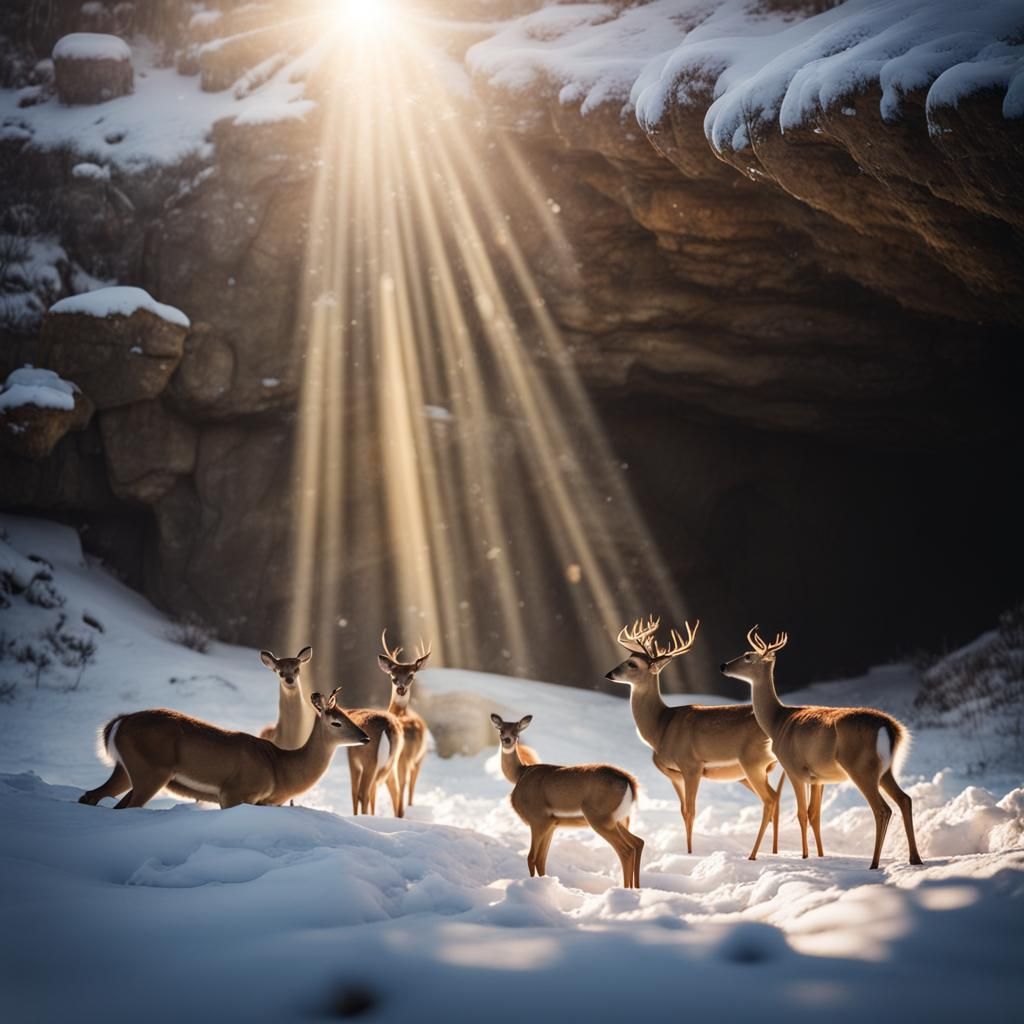 Deer Gaze Upon Baby Jesus in Winter Cave