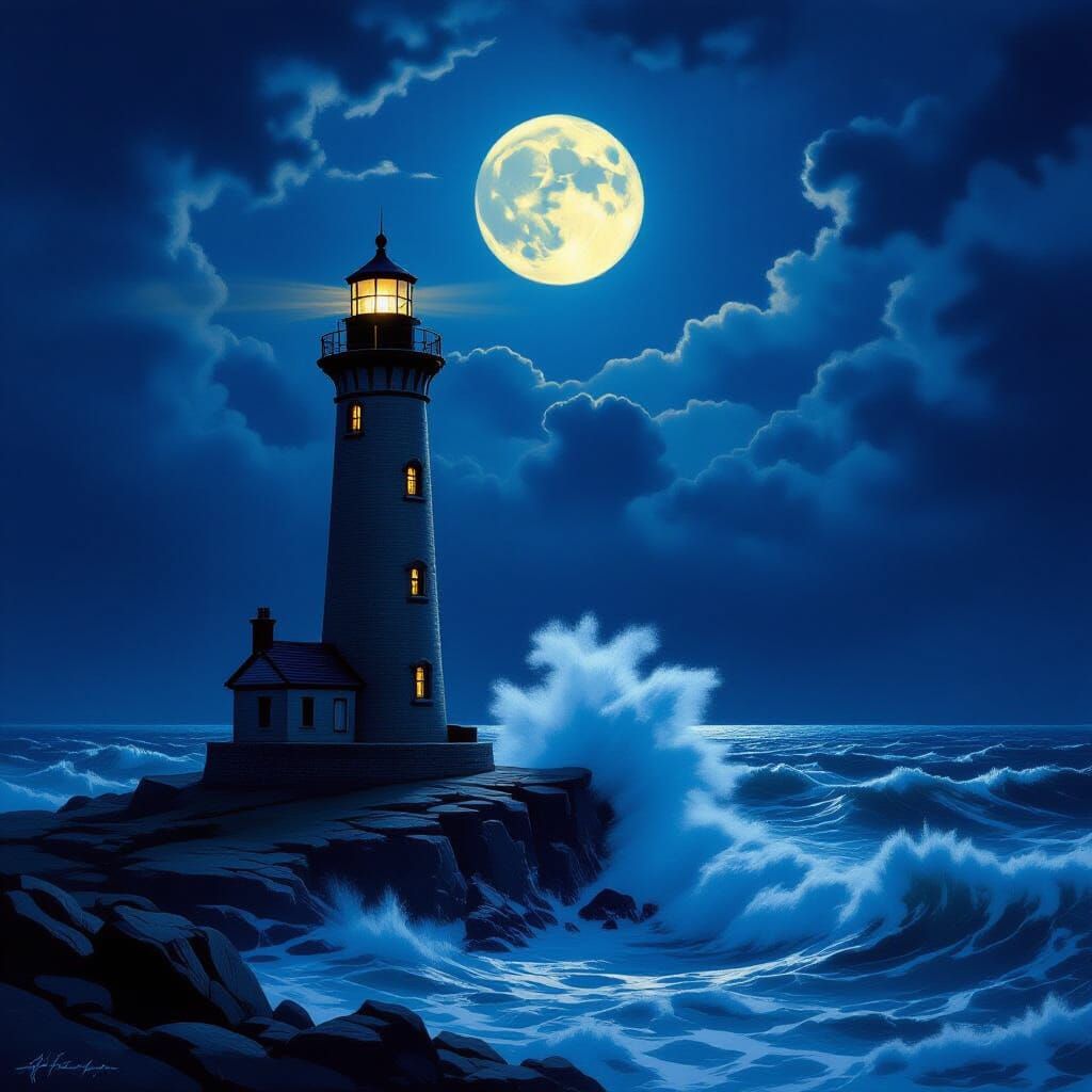 Lighthouse in Stormy Seas, Romantic Era Painting