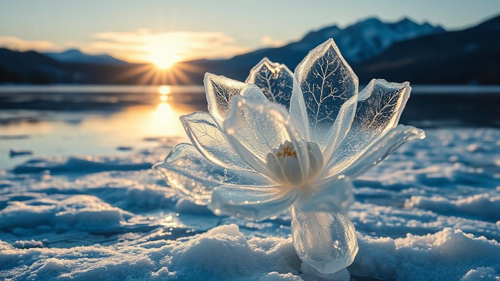 Intricate Ice Flowers Blossom on Frozen Lake Garden