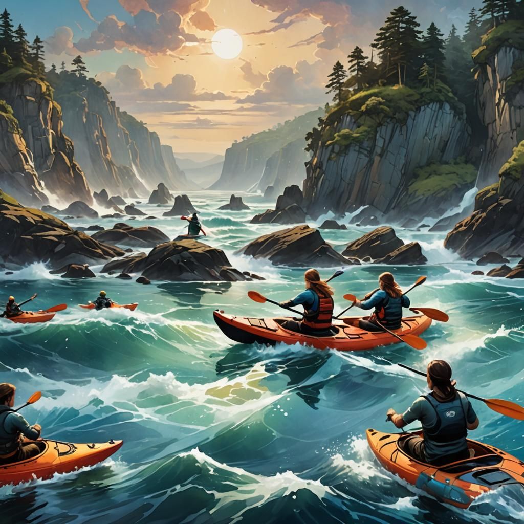 Ocean Kayaking with Serene, Vivid, Fantasy Art Style