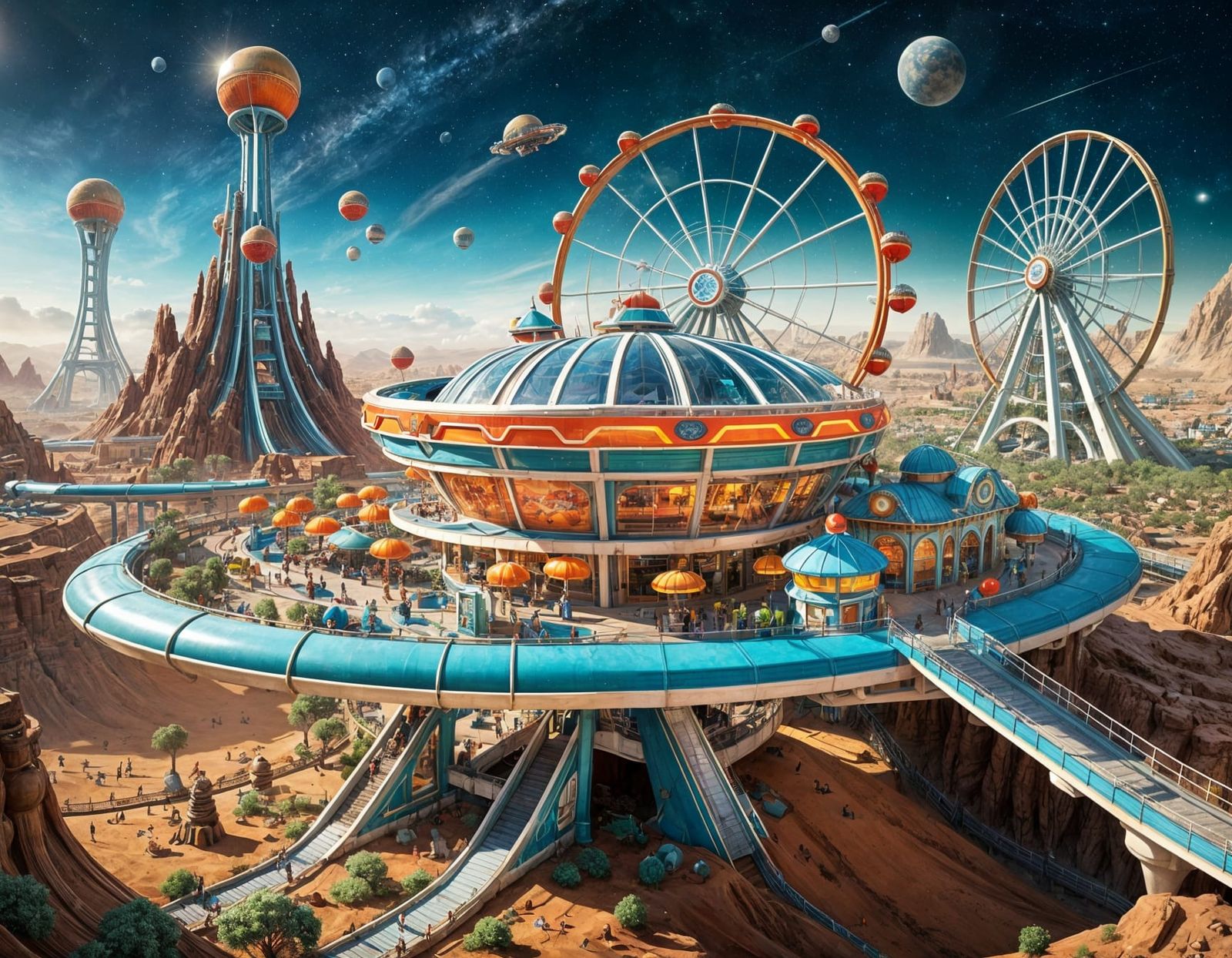 Retrofuturistic Theme Park on Mars in Cartoon Style