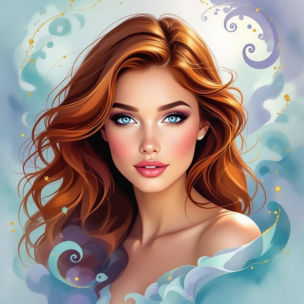 A captivating portrait featuring a woman with striking blue ...