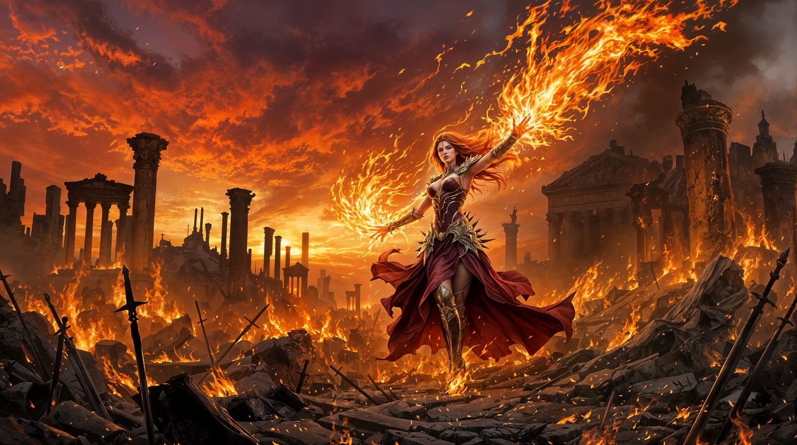 Sorceress Commands Flames in Burning Ruins at Sunset