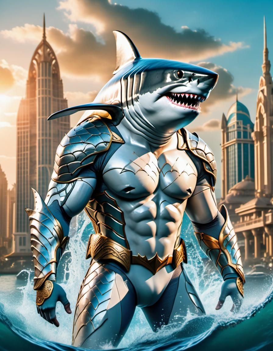 Armored Great White Shark Superhero in Atlantis