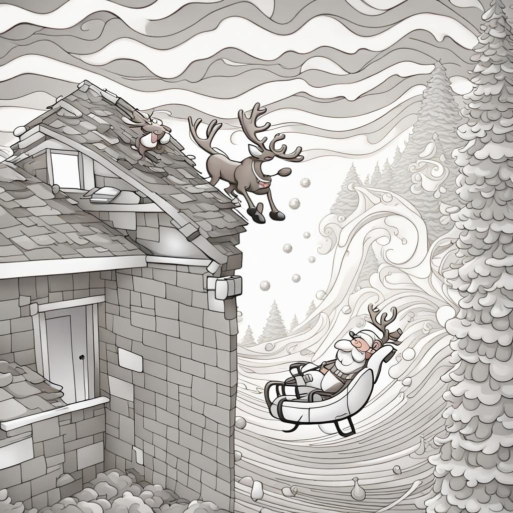 Cartoon Santa's Rooftop Mishap with Reindeer