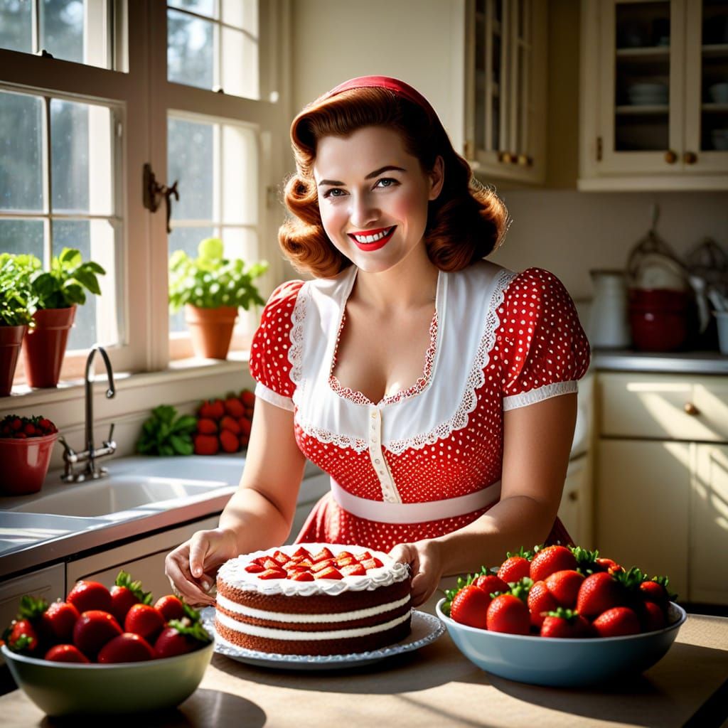 Tradwife Baking Strawberry Cake in 1950s Kitchen