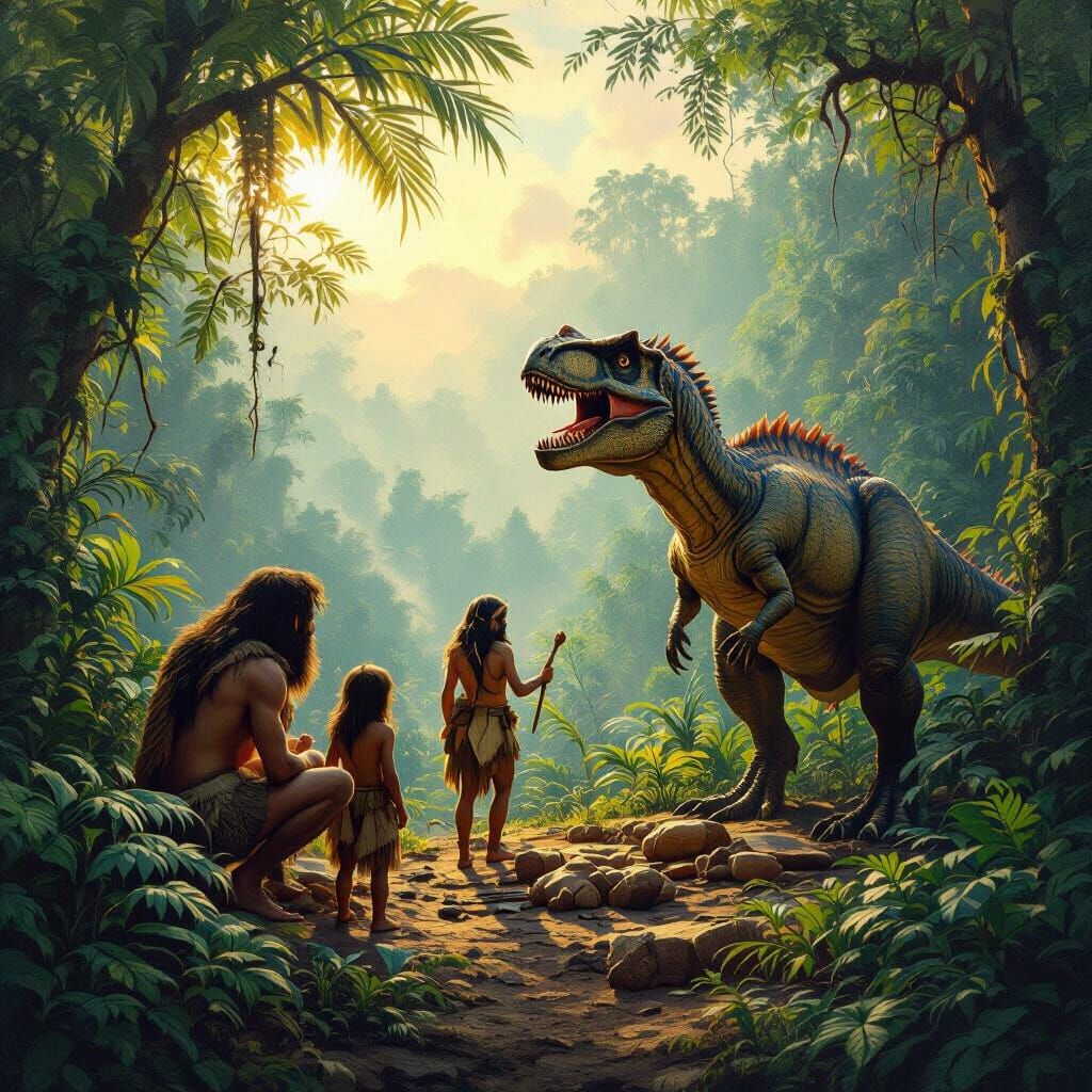 Early Humans and Dinosaurs in Primeval Jungle