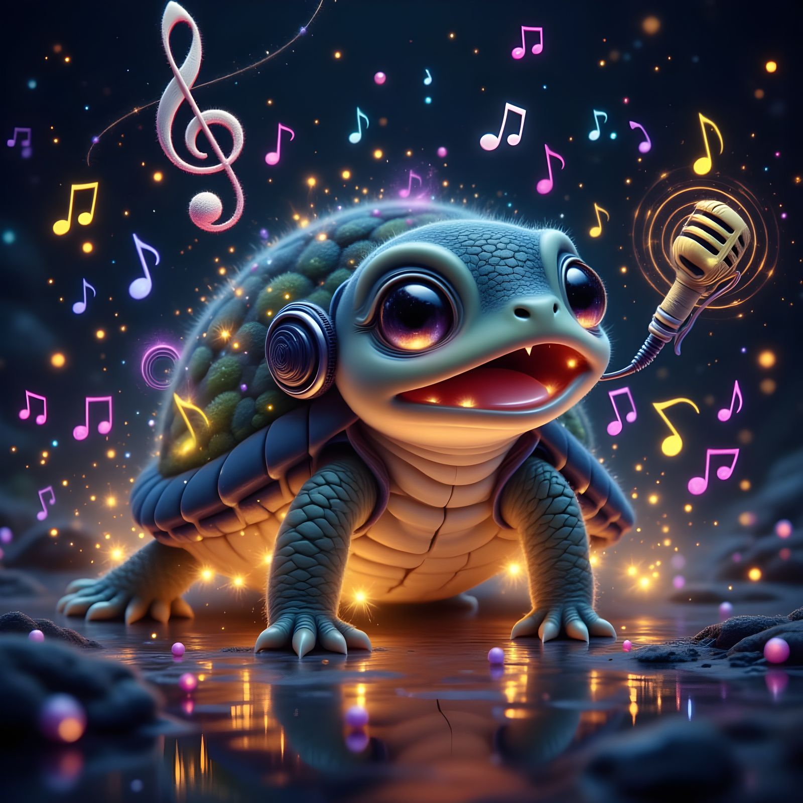 Singing Turtle with Expressive Eyes in the Dark