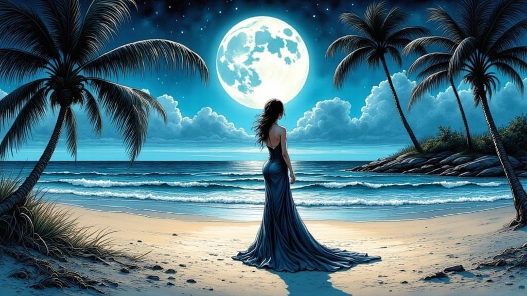 Moonlit Beach Scene in Art Nouveau Style