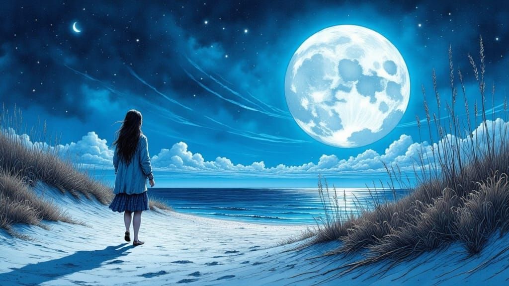 Moonlit Beach Walk: Ink Illustration in Vibrant Style